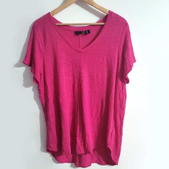 Tahari Womens Pink 100% Linen V-Neck T-Shirt Size 1X Short Sleeve Top Coastal - Picture 1 of 9